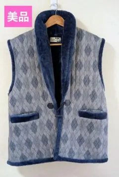ボアベストメンズ暖かい ブルー M アーガイル柄【美品】