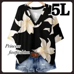 【5L／ブラック】スッキリVネック Flower ストレッチ 半袖Tシャツ