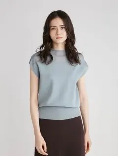 美品　ミラオーウェン　ハイネックシアーブラウジングニットトップス　ブルー