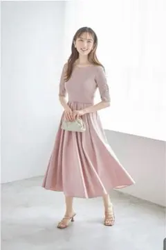 【新品】フラワー刺繍スリーブリブニット×タフタドッキングワンピース　tocco