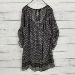 【古着】✨チュニック【M】総柄　Uネック　レース　ドロップショルダー　ブラック