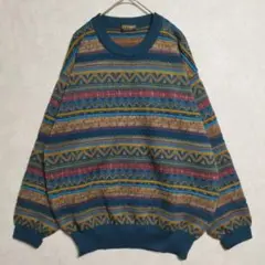 レナウン EX-Club 総柄 ウールニット M 幾何学 レトロ 90s