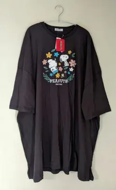 新品PEANUTSスヌーピーSnoopy濃灰色Tシャツ五分袖チュニックワンピース