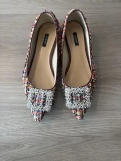 【美品】ツイード ビジュー付き フラットシューズ OHGA