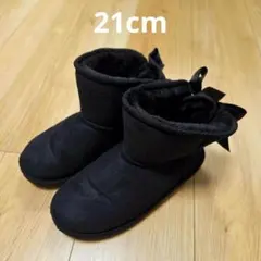 21cm ブーツ ファー リボン スエード風 冬用黒