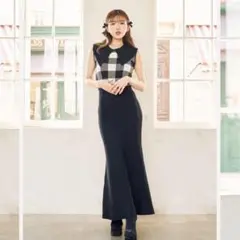 Darich ビッグカラーギンガムチェックニットロングワンピース