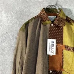 BELLO パッチワークシャツ 総柄 ドット ペイズリー柄 レギュラーカラー