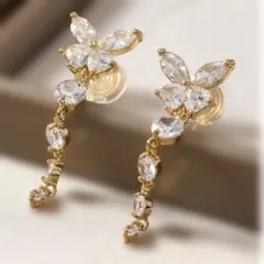 【痛くない】バタフライ ビジュー ロングイヤリング 卒業式入学式 アレルギー対応