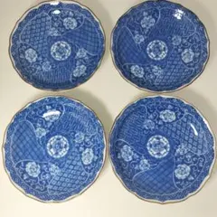 美濃焼 夢関 取り皿 取皿 小皿 青色花柄陶磁器皿 4枚セット① 平成レトロ
