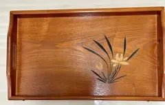 木製お盆 花柄 漆塗り 長手盆 トレイ レトロ　サイズ27.5×45.5