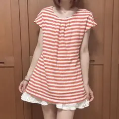 l&b オレンジ ホワイト ボーダー 半袖チュニック 【j】