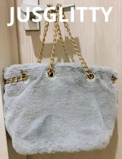 ★美品★JUSGLITTY グレー ファー ハンドバッグ ゴールドチェーン