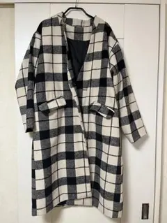 ウール混合 ブラック・ホワイト チェック ロングコート