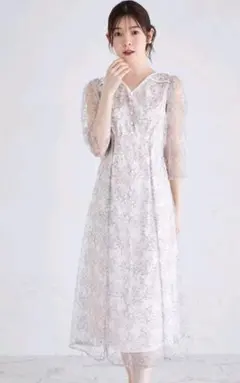 ウエストりぼん付き配色レースワンピース　ピンクベージュ