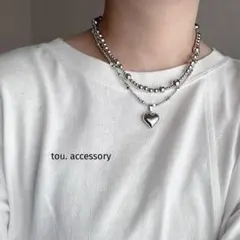 シルバービーズネックレス　ステンレスハートモチーフ