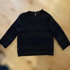 ZARA BASIC 長袖ツイード トップス XS 紺色 ネイビーのサムネイル