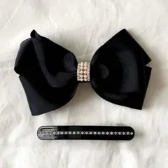 リボンバレッタ ヘアクリップ 2点セット ブラック パール ビジュー