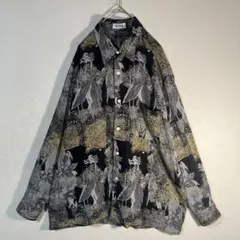 【長袖シャツ】総柄　アート柄　レトロ　テロ感　透け感　モノトーン　使用感　古着