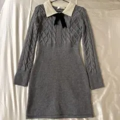 グレー ケーブルニット ワンピース 長袖