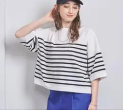 ひ*ろ様 ユナイテッドアローズ✨ボーダー五分袖サマーニット　ホワイトブラック　ゆのサムネイル
