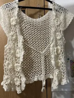 アイボリー かぎ針編み カーディガン