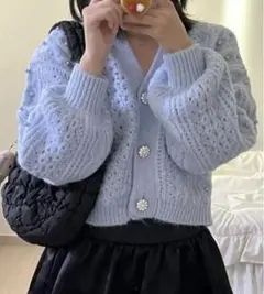 ZARA ラインストーン　パール付き　カーディガン　ニット　水色　ブルー