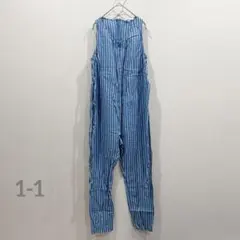 オールインワン【M】リネン混 ストライプ ジャンプスーツ ブルー