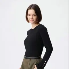 GU リブニットボタンスリーブプルオーバー S ブラック 黒
