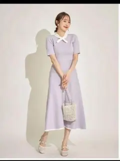 新品トッコクローゼット　パール付きボウタイリボンニットワンピース　ラベンダー