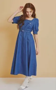 REDYAZEL フロントジップスクエアネックフレアワンピース デニムワンピース