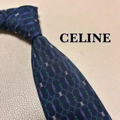 M09 CELINE セリーヌ マカダム トリオンフ シルク ネクタイ ネイビー 美品】 セリーヌ ネクタイ マカダム トリオンフ ストライプ ネイビー
