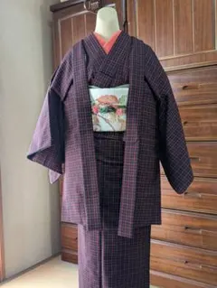 赤と黒のチェック柄 ウール着物 羽織