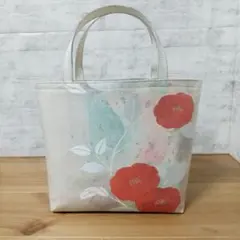 帯リメイクバッグ白地グレー系に赤い花模様