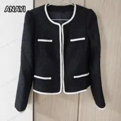 サイズ38小さめ　ANAYI ツイードノーカラージャケット　ブラック