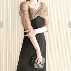 Leja　レース切替透けキラキラAラインロングドレスワンピース　美脚効果　結婚式