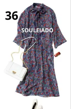 SOULEIADO ソレイアード　花柄シフォンワンピースボウタイ付き　36サイズ