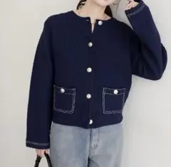 natural couture 配色ステッチ入りニットジャケット　ネイビー