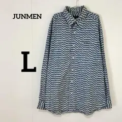 【JUNMEN】総柄 レギュラーカラー シャツ ブルー系 幾何学柄 レトロのサムネイル