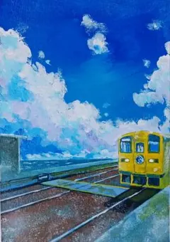 アクリル画　海の見える駅【king's blue】手描き