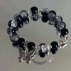 天然石ブレスレット 黒と透明 蝶チャーム