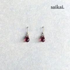[873]チェコガラスドロップの一粒ピアス パープル 紫 ハンドメイド