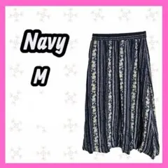 Navy ストライプ　花柄　ネイビー　イージー　ロングフレアスカート　薄手のサムネイル