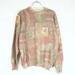 90s ヴィンテージ 総柄ニット セーター 幾何学模様 レトロ アート柄 L相当
