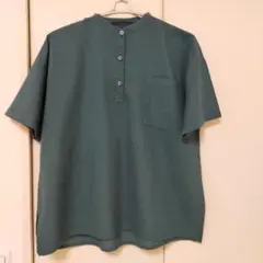 2回のみ着用！バンドカラー 半袖プルオーバーシャツ ダークグリーン 週末セール