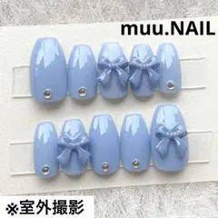 ネイルチップ 韓国 ワンホン バレエコア フレンチガーリー ブルー リボンネイル