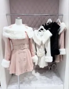 BUBBLES ファーオフショルツイードワンピース　ピンク　バブルス