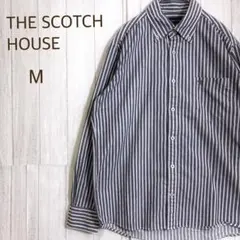 ザスコッチハウス シャツ 長袖 M ストライプ 綿 胸ポケット ワンポイント