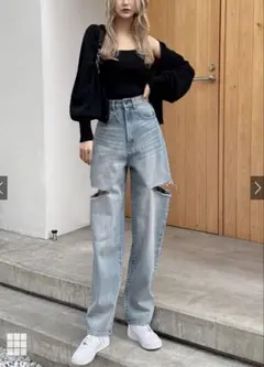 GRL スリットデニムワイドパンツ ブルー L