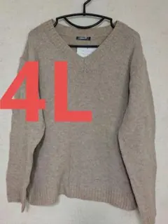 大きいサイズ 新品 4L ベージュ Vネック ニットセーター 長袖