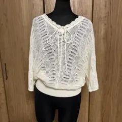 アイボリー レース編み 五分袖ニット